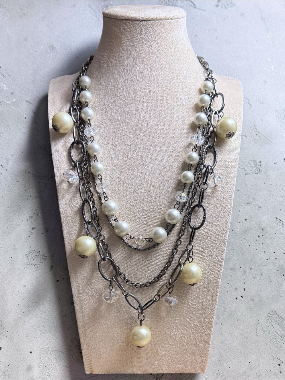 Multi-Strand Pearl & Chain Statement Necklace - White Pearls